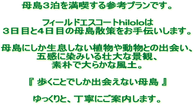 母島3日間を満喫する参考プランです。 フィールドエスコートhiloloは 3日目と4日目の母島散策をお手伝いします。 母島にしか生息しない植物や動物との出会い、 五感に染みいる壮大な景観、 素朴で大らかな風土。 『歩くことでしか出会えない母島』 ゆっくりと、丁寧にご案内します。 母島3日間を満喫する参考プランです。 フィールドエスコートhiloloは 3日目と4日目の母島散策をお手伝いします。 母島にしか生息しない植物や動物との出会い、 五感に染みいる壮大な景観、 素朴で大らかな風土。 『歩くことでしか出会えない母島』 ゆっくりと、丁寧にご案内します。